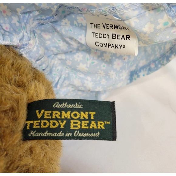 Vtg Vermont Teddy Bear Company Jointed Tan Light Brown Bear in Blue Floral Dress - Picture 7 of 9